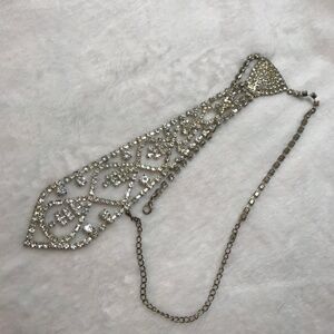 Vintage Clear Rhinestone Necktie Necklace Silver-Tone